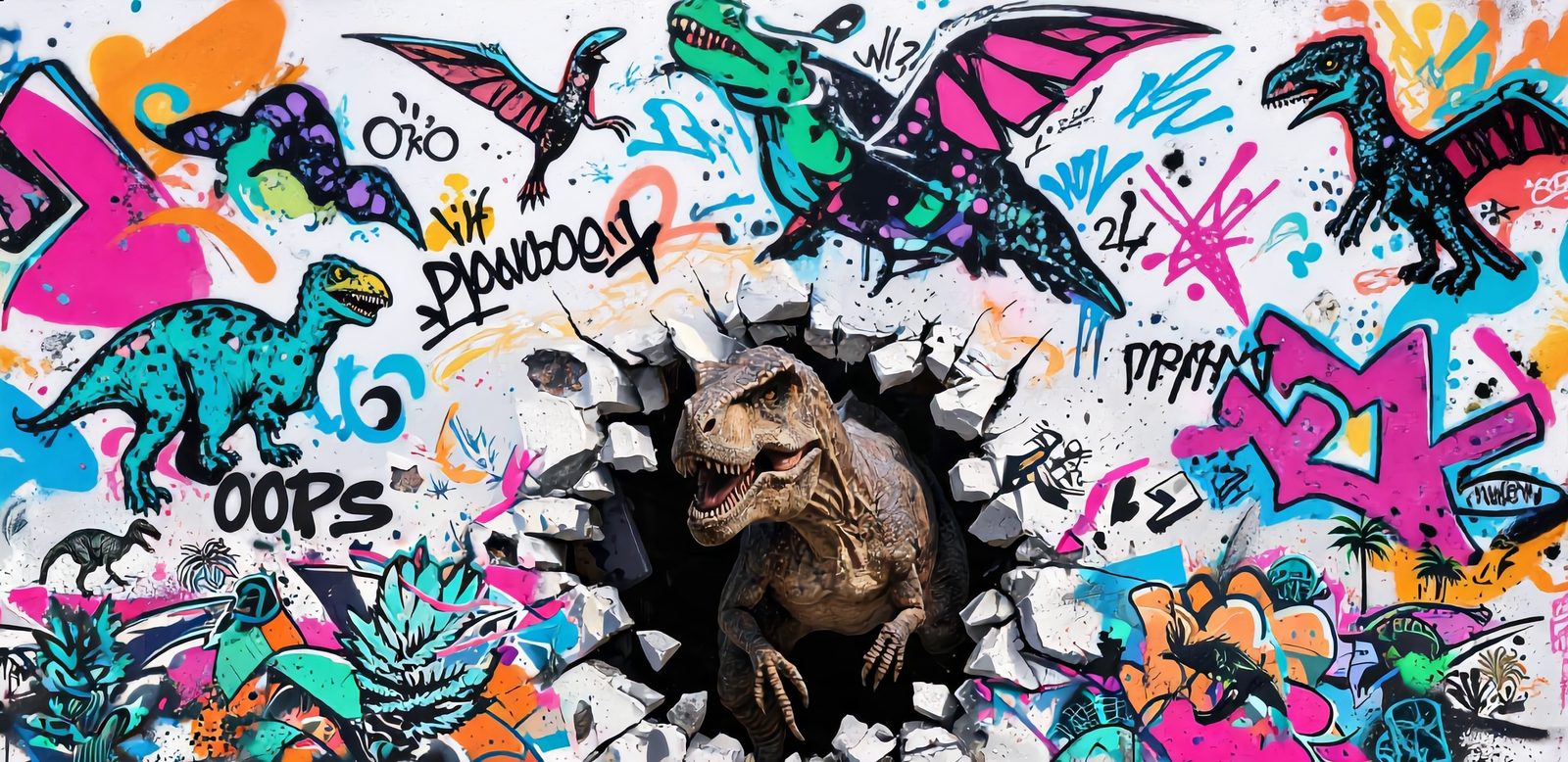 Dinosaur graffiti mural — printed shed design