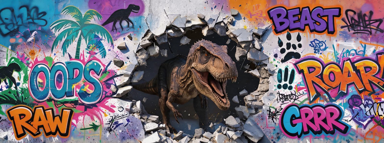 T-Rex breaking through a graffiti wall — printed shed design