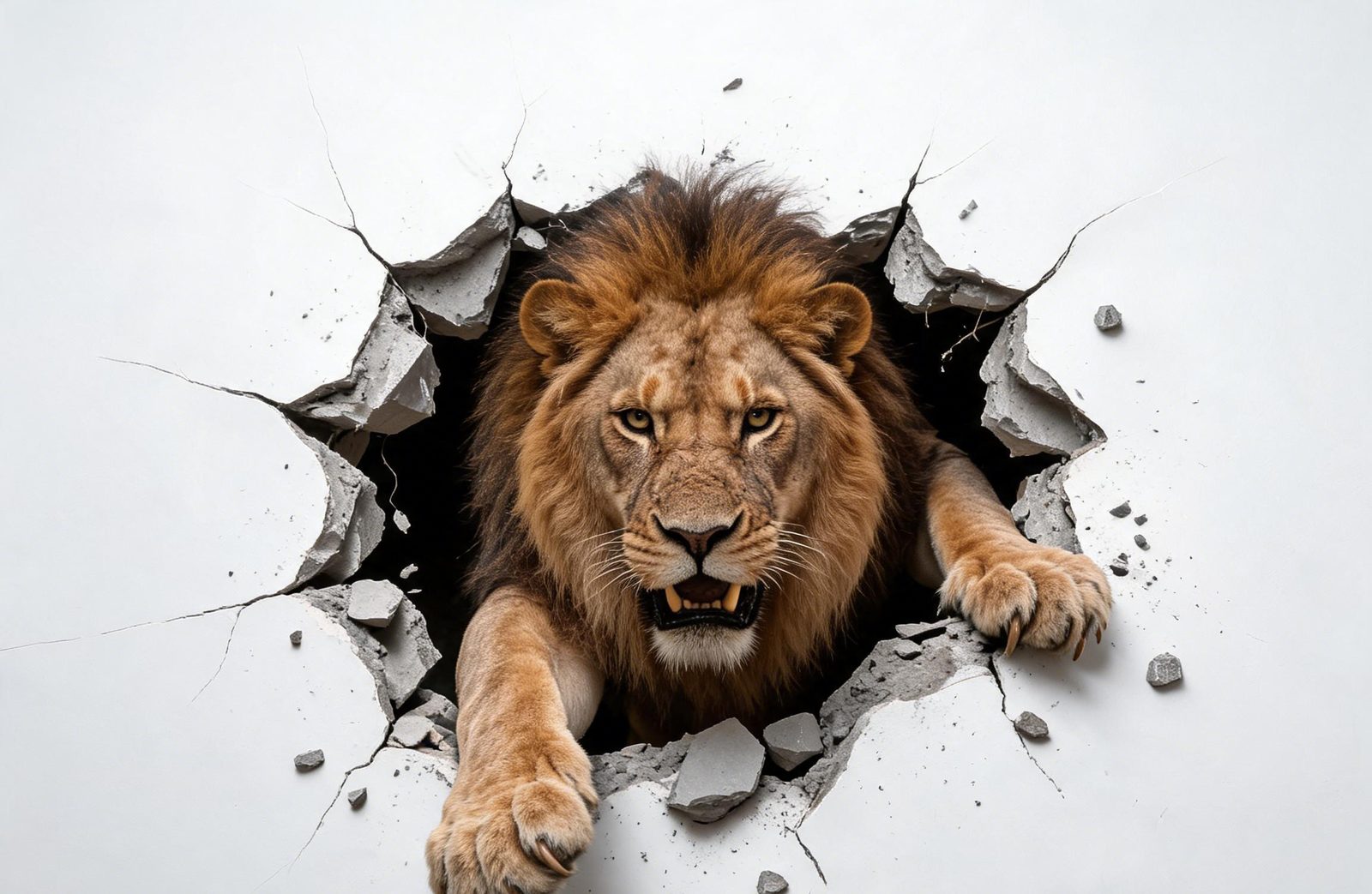 Lion breaking through a white wall — printed shed design