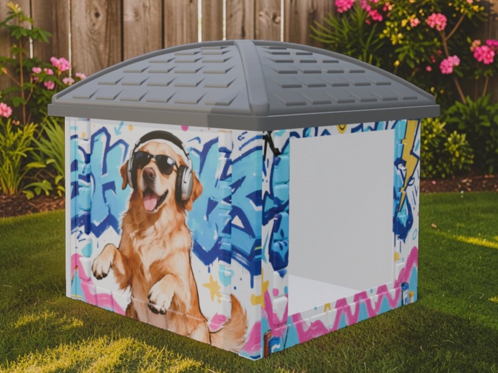 Dog house printed with a graffiti golden retriever design