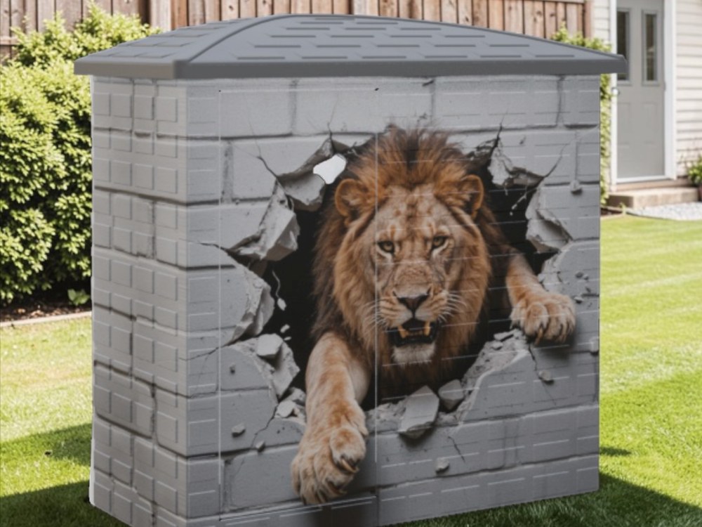 Slim storage shed printed with a 3D lion breaking through a brick wall