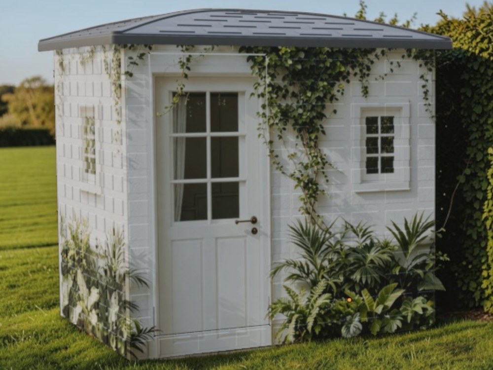 Utility shed printed with a garden ivy design, in a backyard